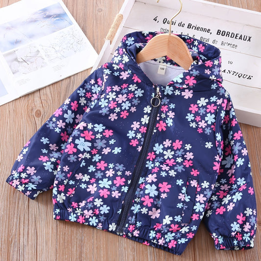 Girls Flowers Print Hooded Zipper Jacket Long Sleeve Top