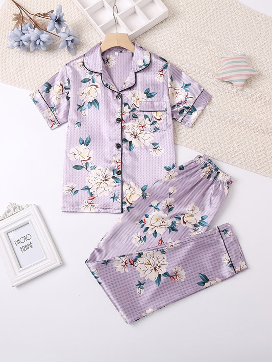 2pcs Girls Pajamas Flowers Print Button Short Sleeve Top & Pants Set