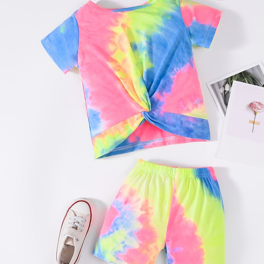 2pcs Girls Rainbow Tie Dye T Shirts & Shorts Set Kids Summer Clothes