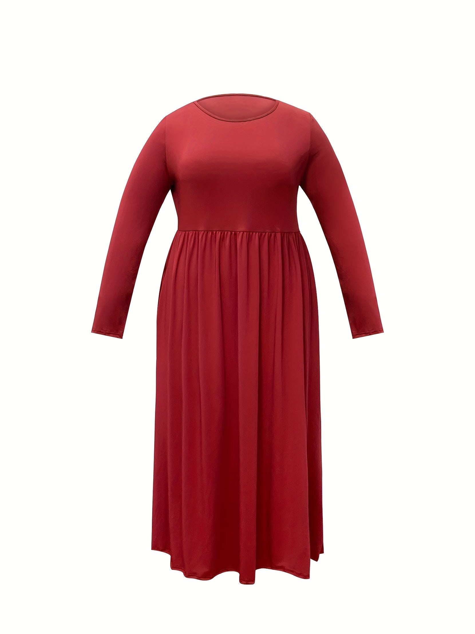  Solid Long Sleeve Round Neck Maxi Dress With Pockets
