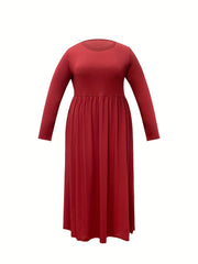  Solid Long Sleeve Round Neck Maxi Dress With Pockets