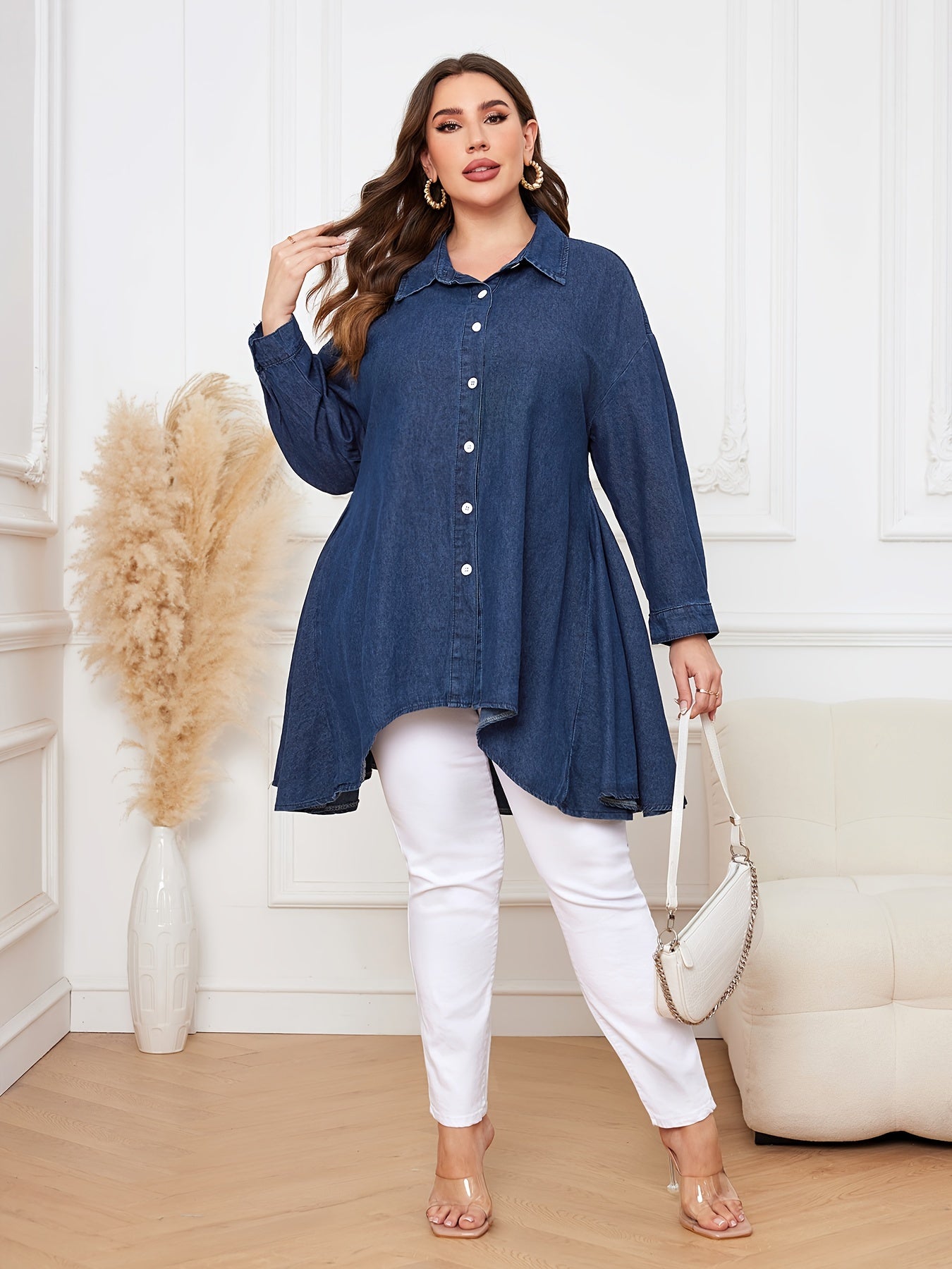  Casual Denim Top Women's Plus Solid Button Up Long Sleeve Tunic