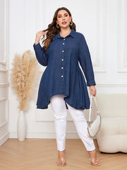  Casual Denim Top Women's Plus Solid Button Up Long Sleeve Tunic
