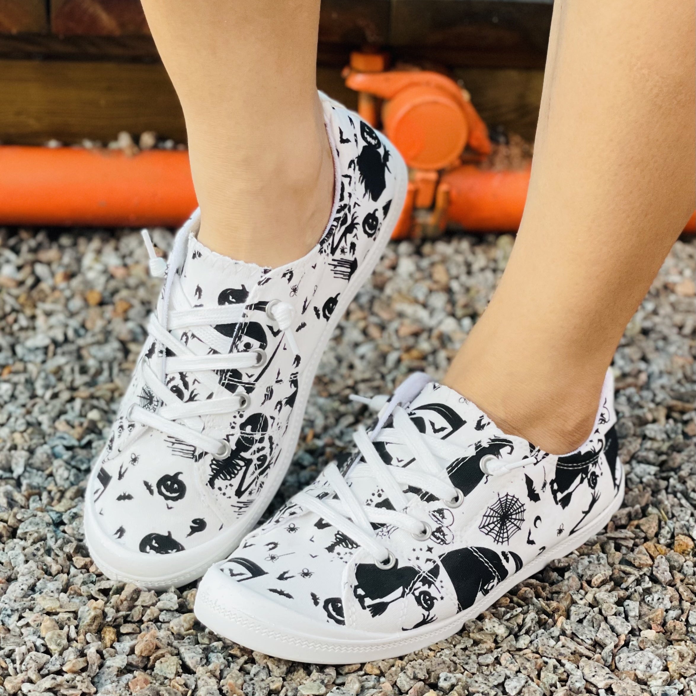 Women's Pumpkin Printed Shoes Lace Up Low Round Toe Lightweight Canvas Flat Shoe