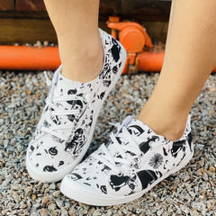 Women's Pumpkin Printed Shoes Lace Up Low Round Toe Lightweight Canvas Flat Shoe