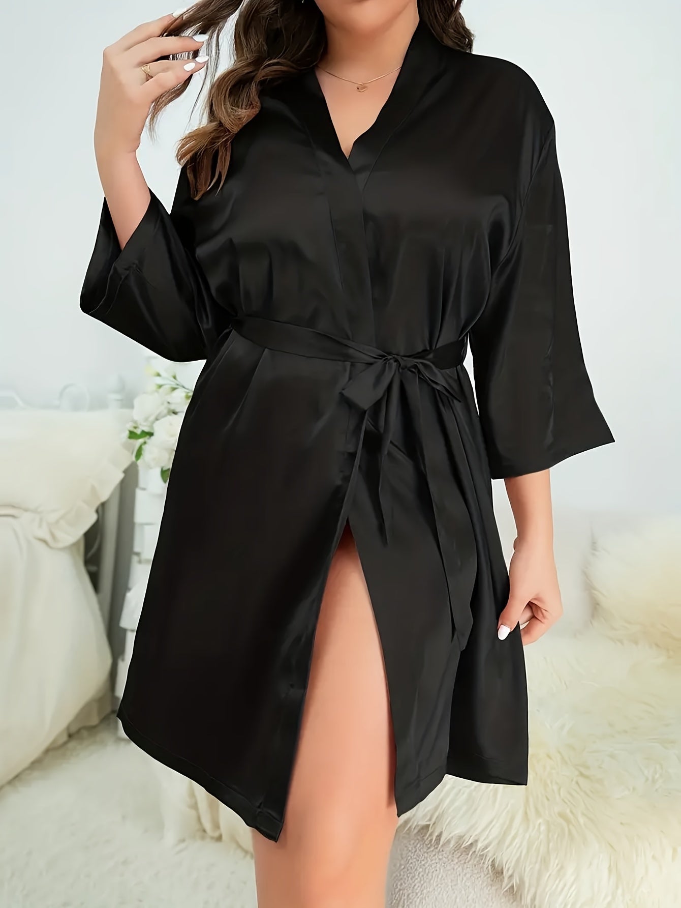  Satin Long Sleeve Bathrobe with Belt