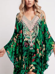 Tropical Leaf Print Cold Shoulder Cover Up Kaftan Batwing Sleeve Beach Kimono
