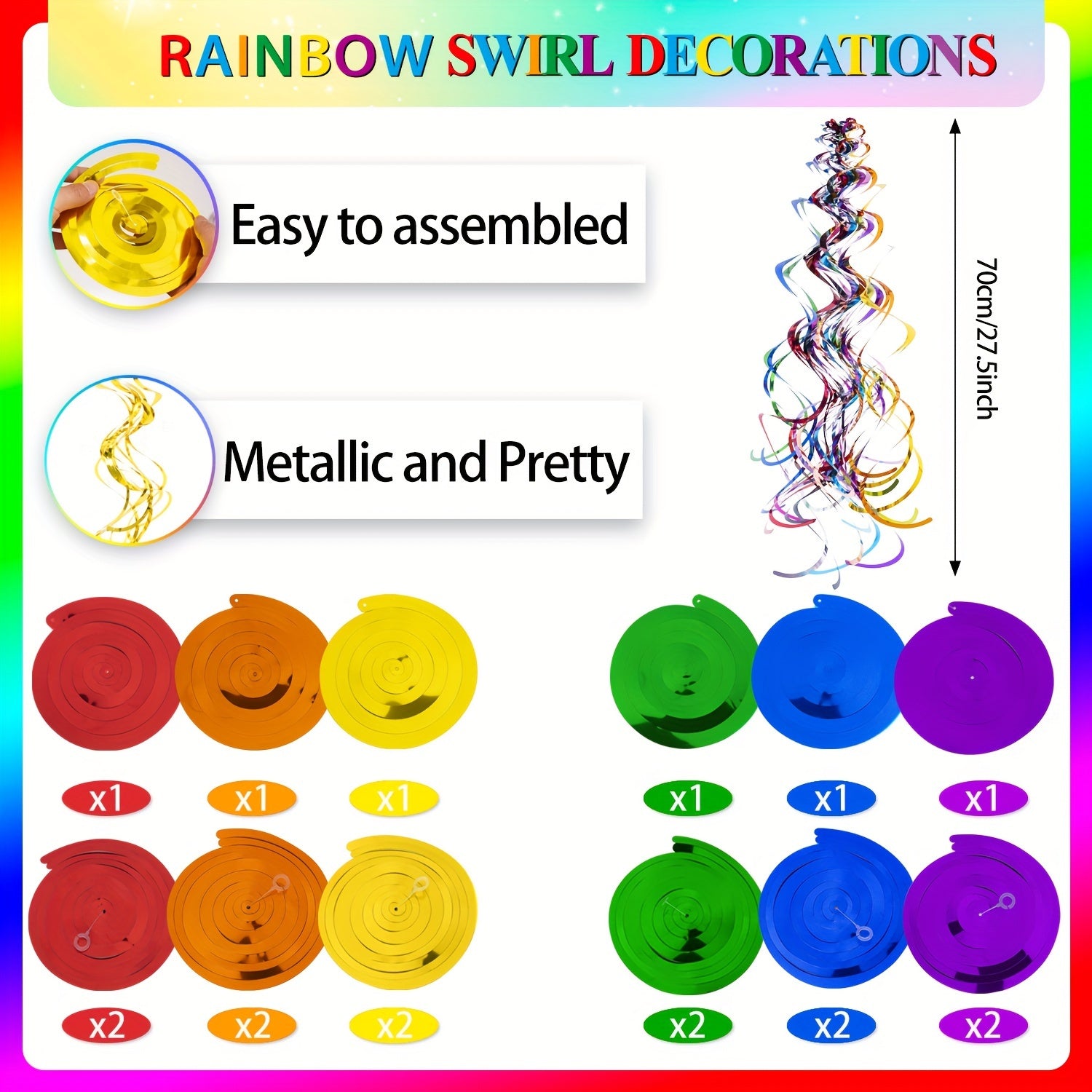 18pcs Rainbow Foil Swirl Decorations for Birthdays Weddings Bridal Showers