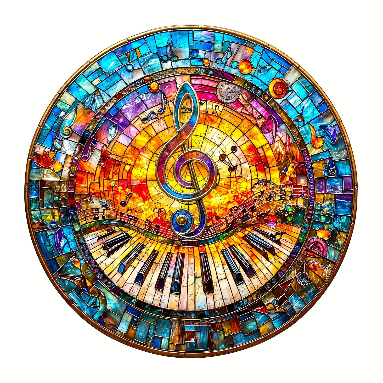 Wooden Jigsaw Puzzle Stained Glass Art Music Theme with Cat Piano
