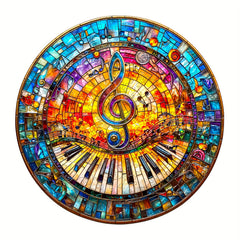 Wooden Jigsaw Puzzle Stained Glass Art Music Theme with Cat Piano