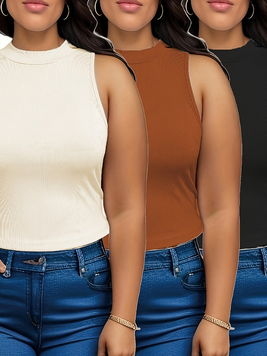 3 Pcs Plus Size Tank Top Set Women's Plus Solid Crew Neck