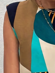  Colorblock Geometric Print Cap Sleeve Blouse