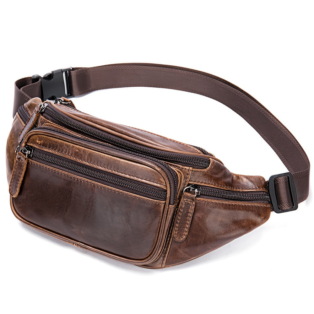 Men's Leather Fanny Pack Top Layer Cowhide Shoulder Bag for Sports Running