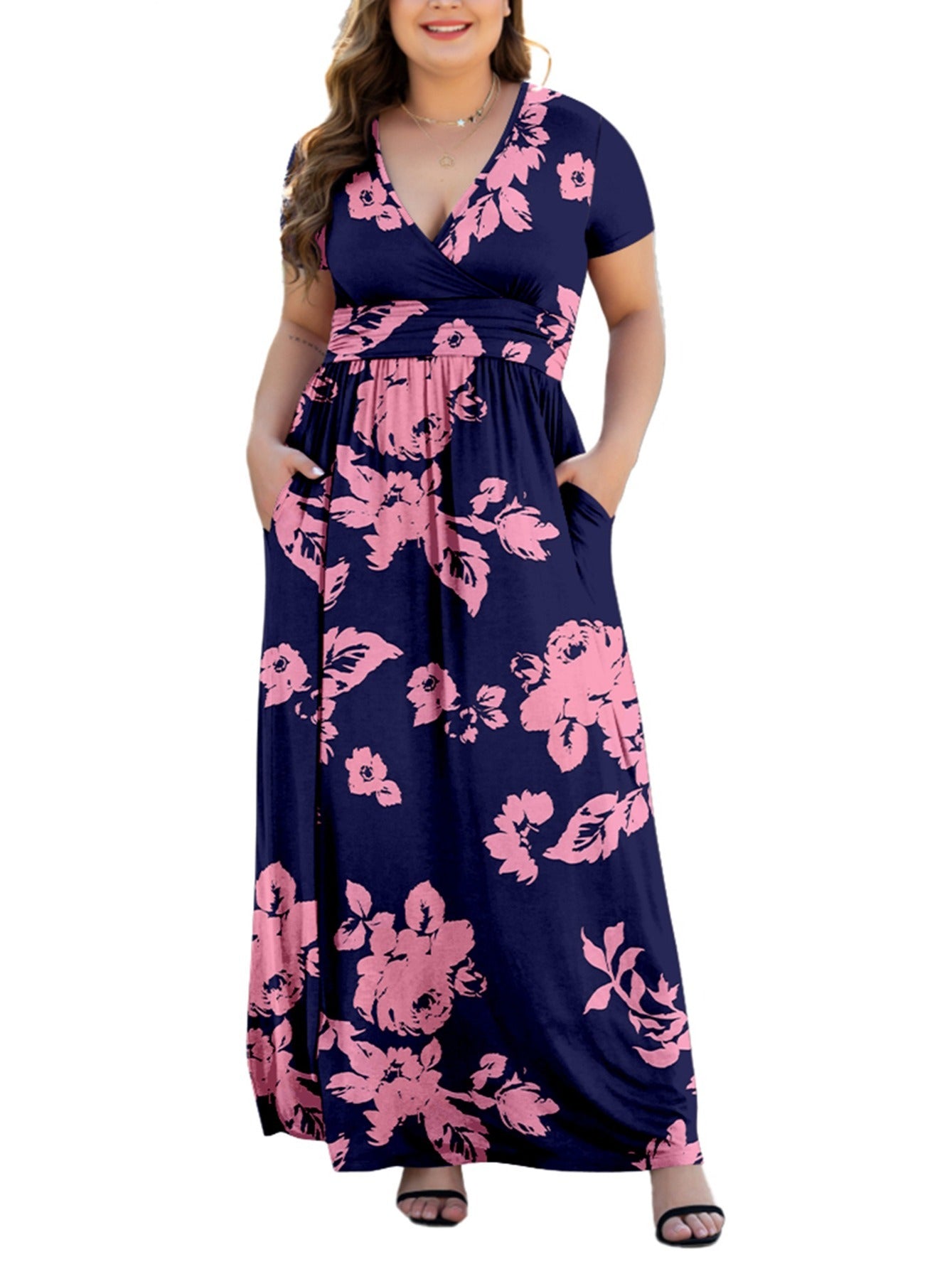  Short Sleeve V-neck Maxi Dress for Women