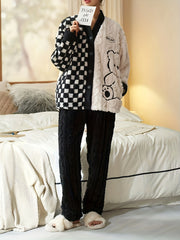 Cartoon Bear Pajama Set Long Sleeve Fuzzy Top & Pants