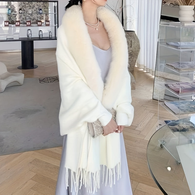 Beige Mink Shawl Plush Collar Knitted Warm Sweaters Cardigan