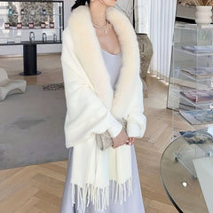 Beige Mink Shawl Plush Collar Knitted Warm Sweaters Cardigan
