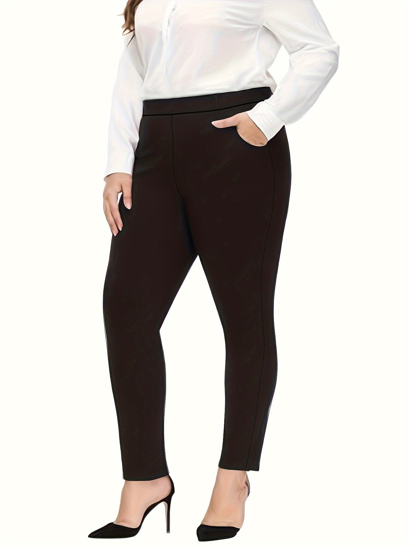 Women's Plus Solid Elastic Stretch Trousers With Pockets