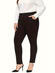 Women's Plus Solid Elastic Stretch Trousers With Pockets