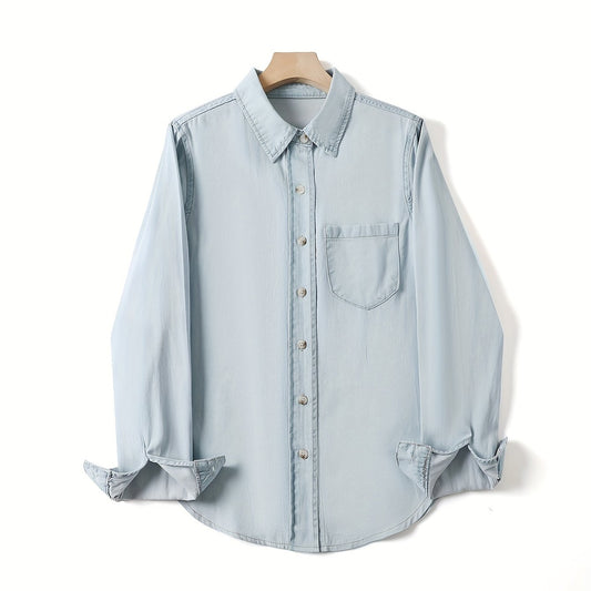 Casual Loose Fit Collared Denim Shirt Single Pocket Long Sleeved Denim Shirt