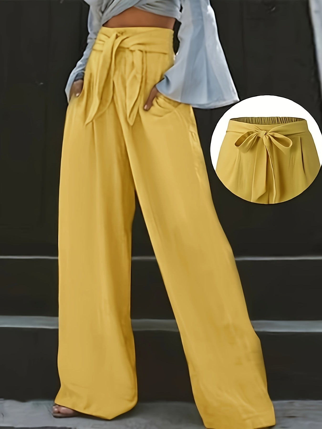  Women's Tie Front Wide Leg Trousers With Pockets