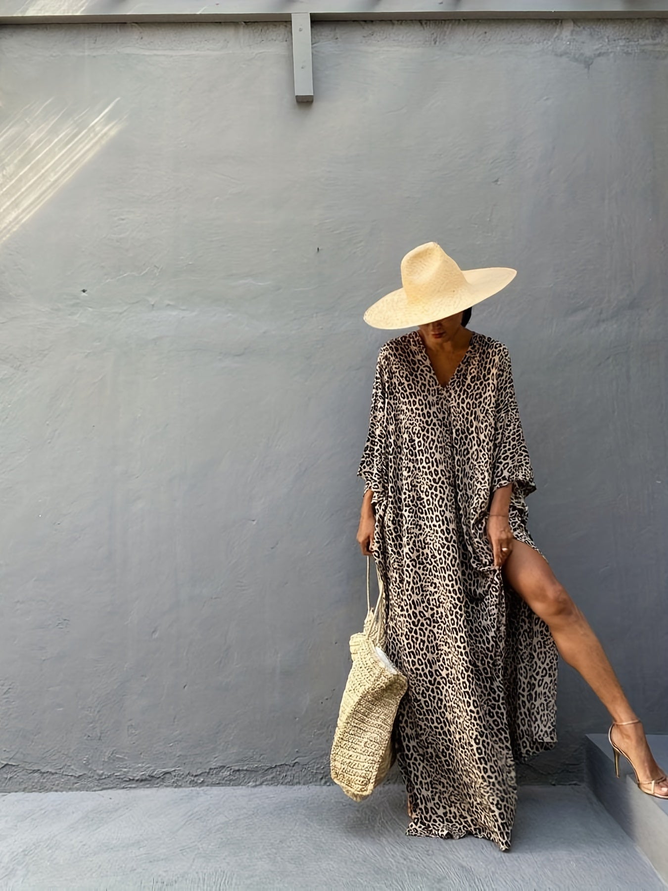  Leopard Print Bat Sleeve Beach Cover Up Dress