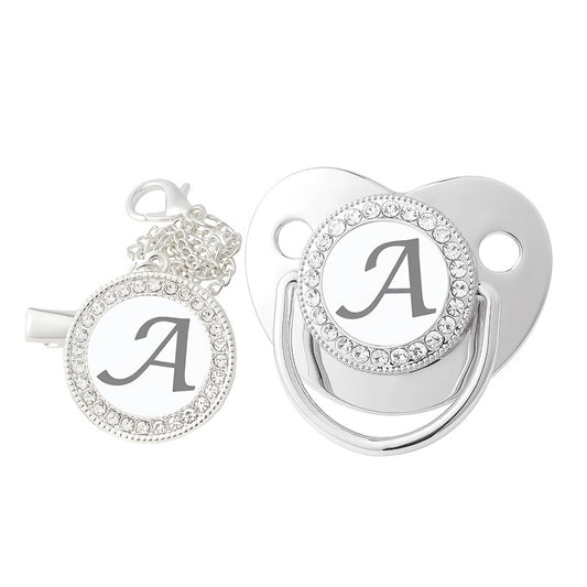 Silver Rhinestone Baby Letter Pacifier Nursing Mouth with Chain Clip