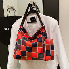 Japanese Style Plaid Tote Bag with Small Pouch