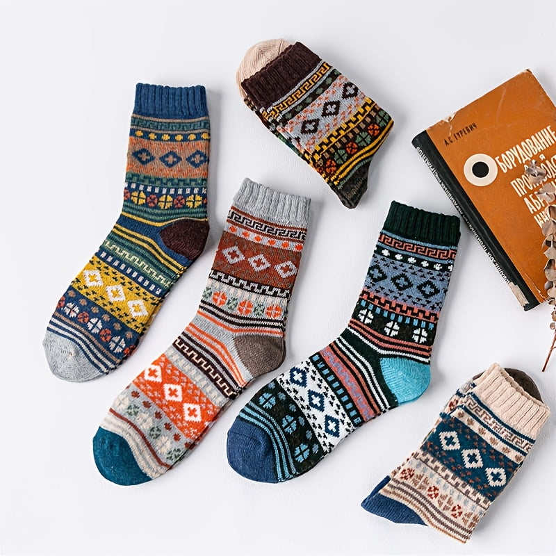 5 Pairs Christmas Women's Merino Wool Crew Socks Warm Hiking Mid Calf