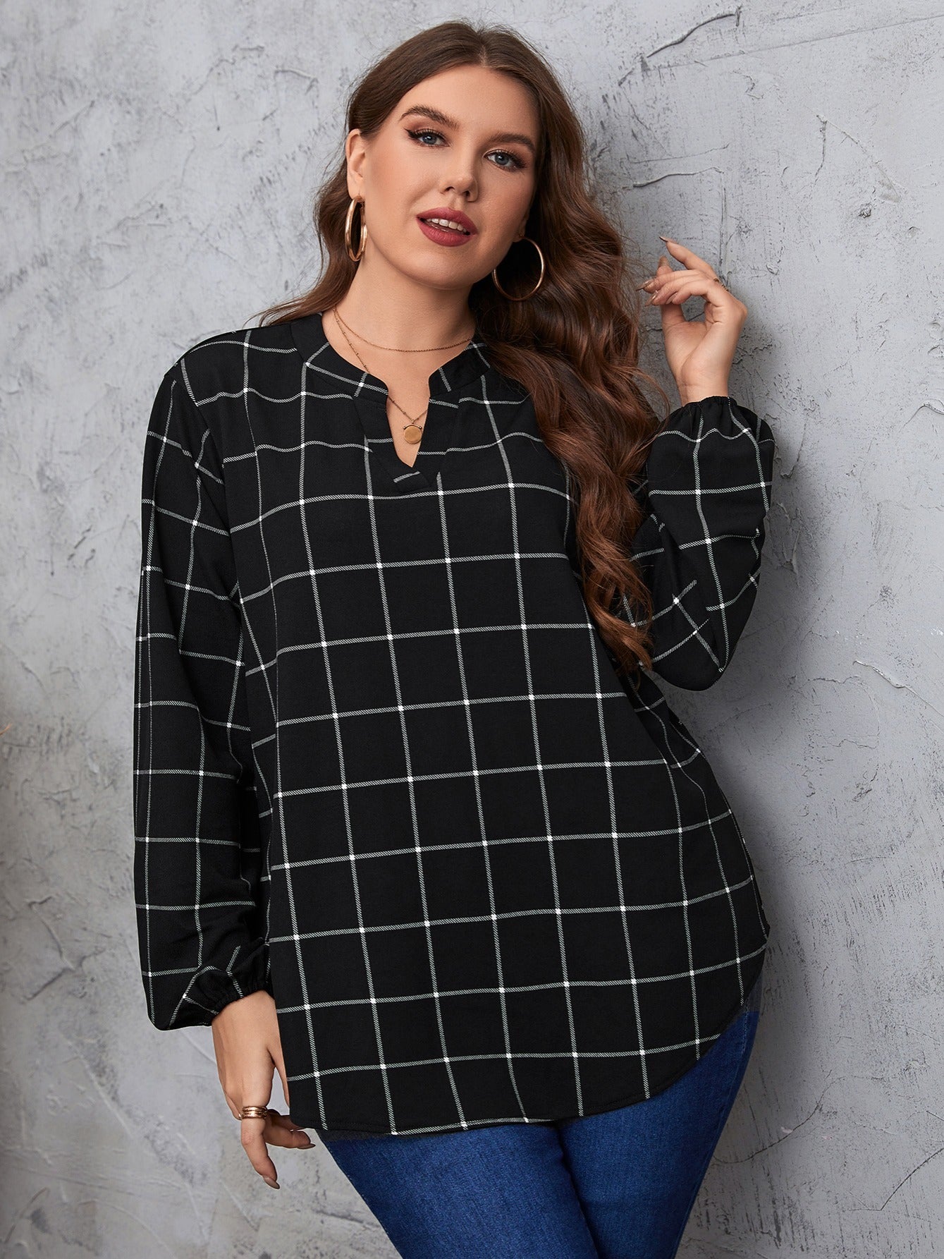 Grid Print Long Sleeve Notched Neckline Blouse