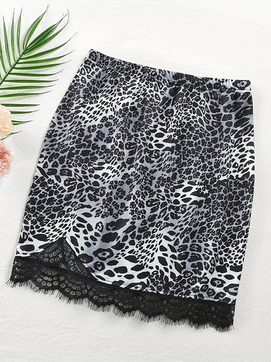 Leopard Print Lace Trim Skirt Elastic Waist Spring Summer Clothing
