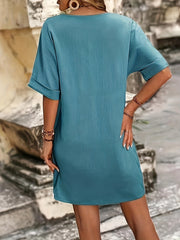  V Neck Stretch Dress with Roll Up Sleeves