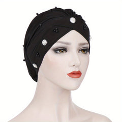 Beaded Flower Decor Head Wrap Solid Beanie Lightweight Hijab Hat