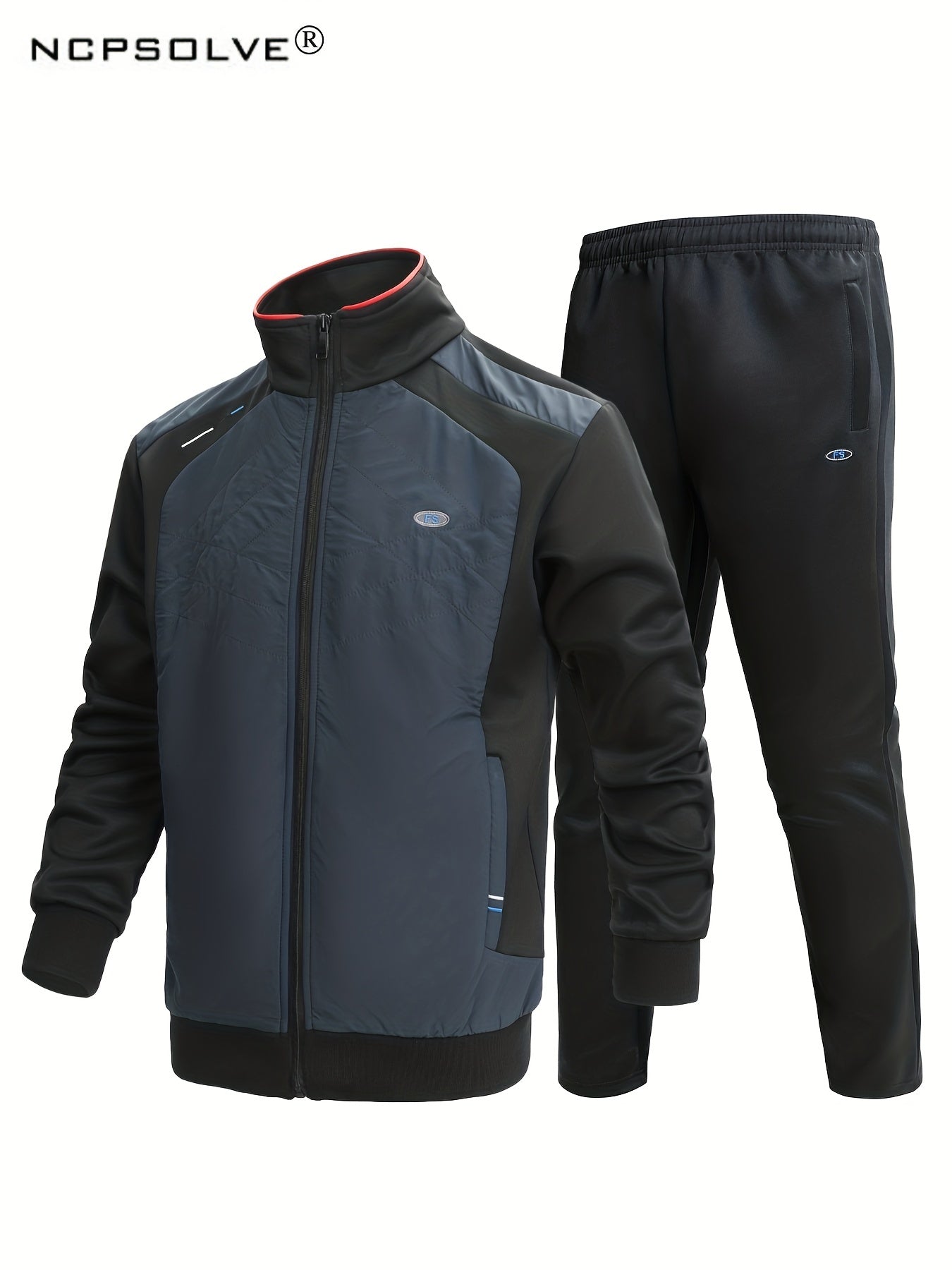 2pcs Men's Suit Stand Collar Zip Up Jacket & Elastic Waist Pants