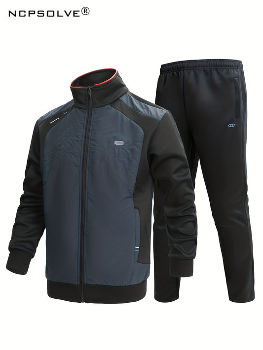 2pcs Men's Suit Stand Collar Zip Up Jacket & Elastic Waist Pants