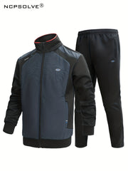 2pcs Men's Suit Stand Collar Zip Up Jacket & Elastic Waist Pants