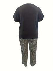  Cap Sleeve V Neck Tee & Leopard Print Pants Loungewear Set