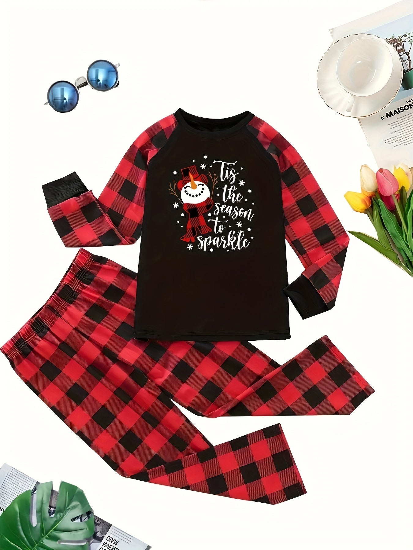  Snowman & Slogan Print Lounge Set Tee & Pants Pajamas