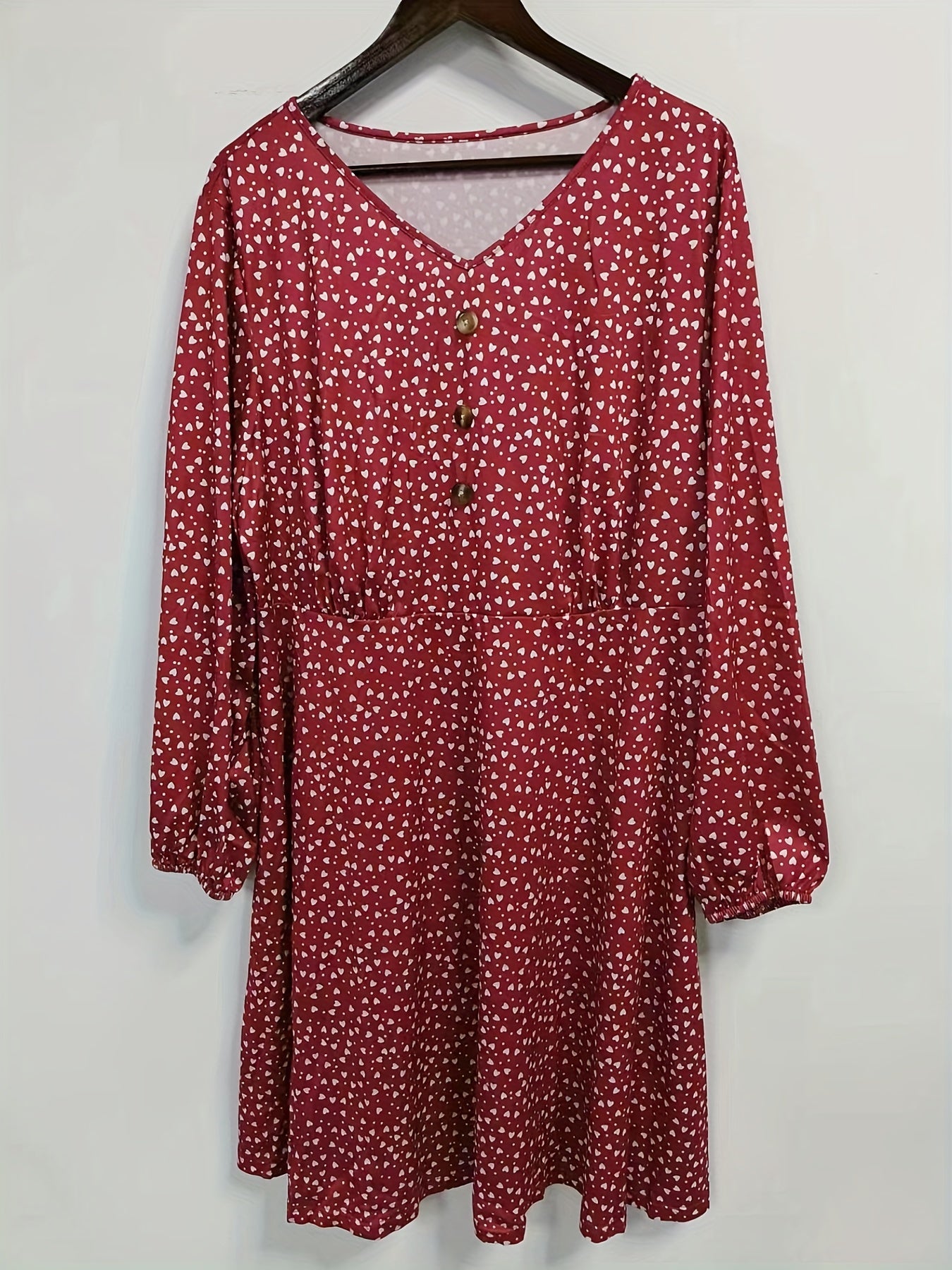 Heart Print Lantern Sleeve V Neck Dress With Belt