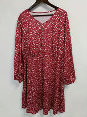 Heart Print Lantern Sleeve V Neck Dress With Belt