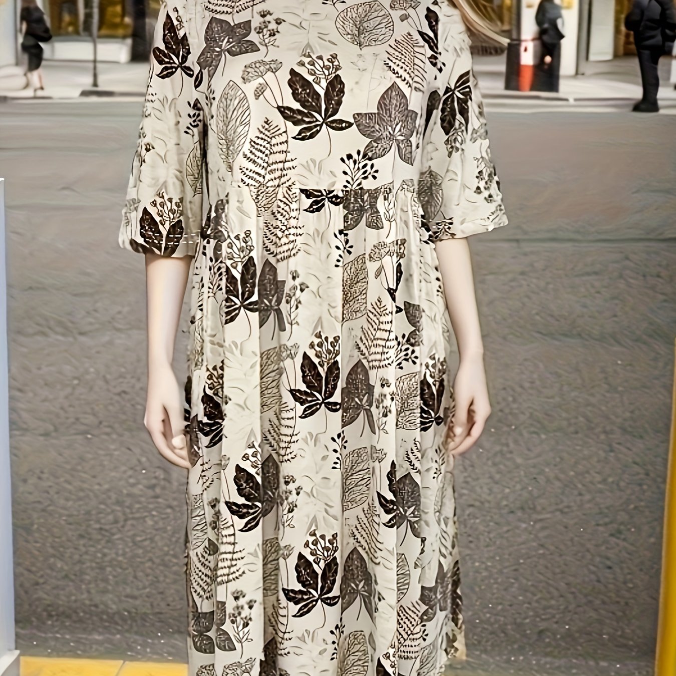  Leaf Print Half Sleeve Round Neck Dress