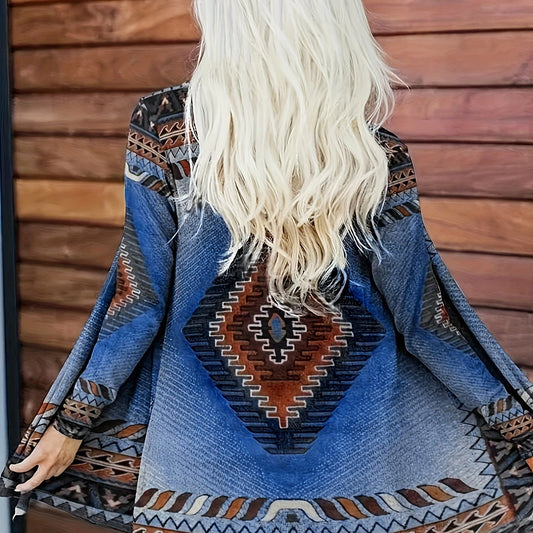Ethnic Print Open Front Cardigan Vintage Long Sleeve Knit Outwear