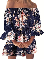 Boho Leaf Off Shoulder Dress Sexy Ruffle Sleeve Dress