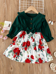 Floral Button Bow Ruffle Trim Princess Dress for Spring