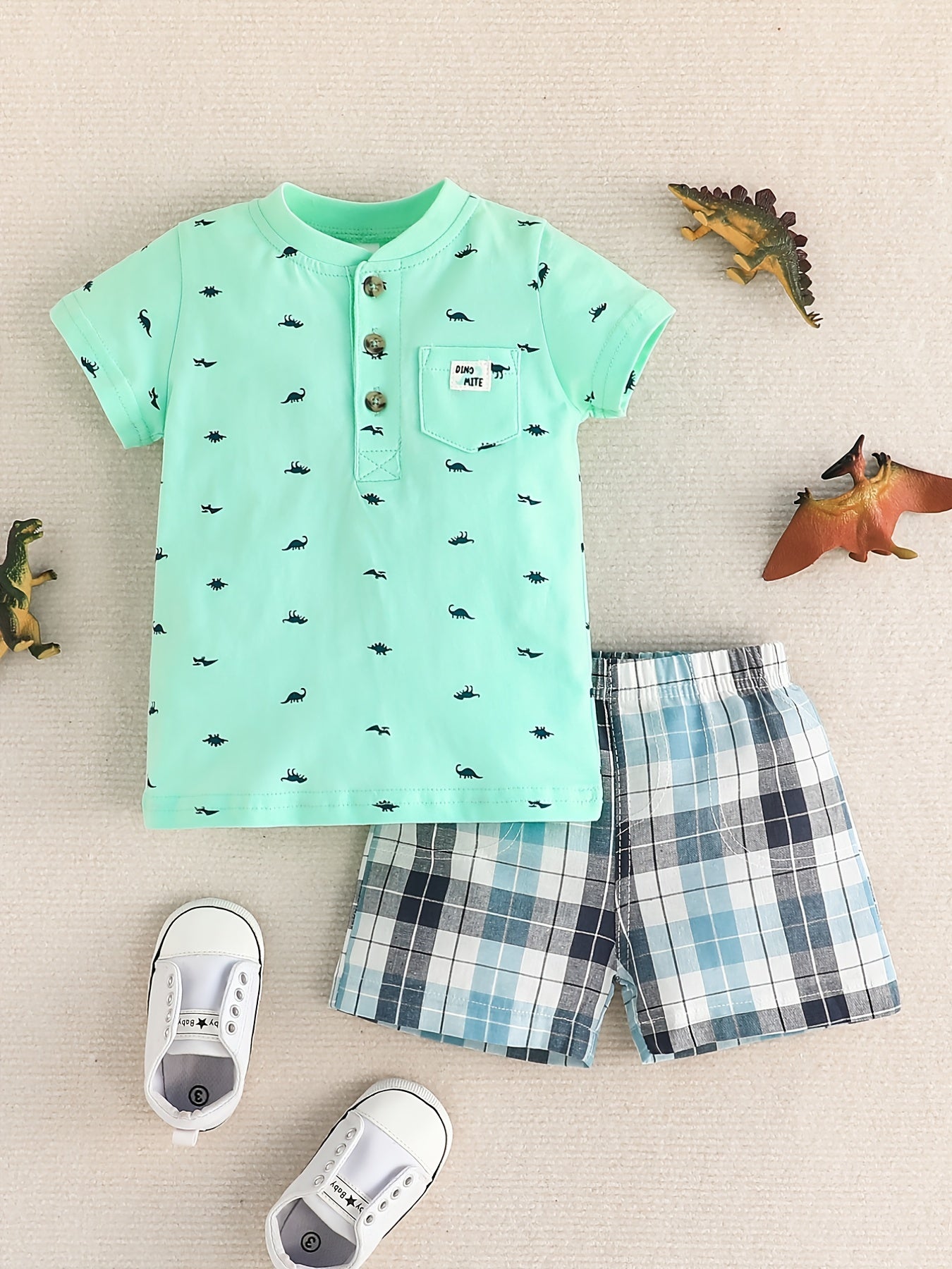 Boys Dino Print T Shirt & Plaid Shorts Set for Summer