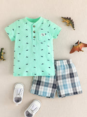 Boys Dino Print T Shirt & Plaid Shorts Set for Summer