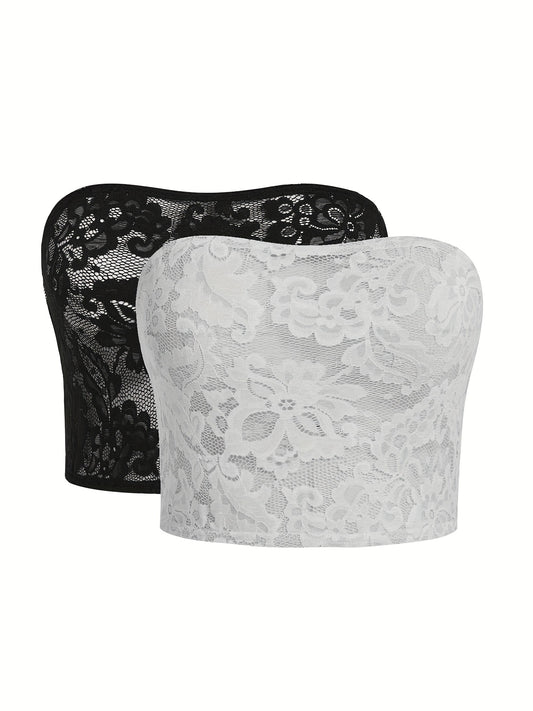  Solid Floral Jacquard Lace Tube Top