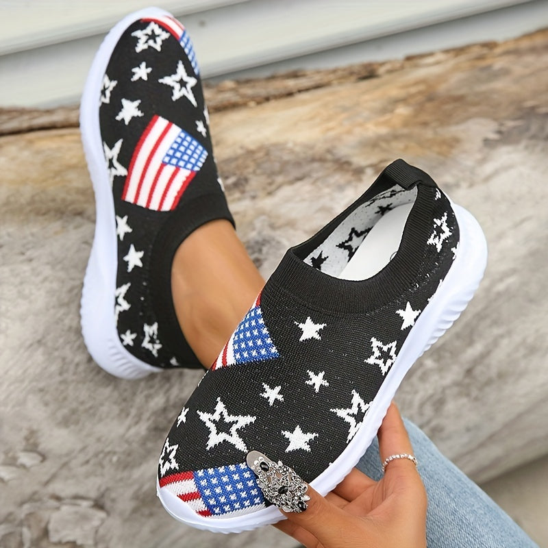 Women's Flag Pattern Knit Slip-On Sneakers Low Round Toe Non-Slip Shoes