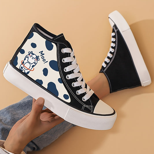 Cow Print Flat Heighten Chunky Canvas Sneakers