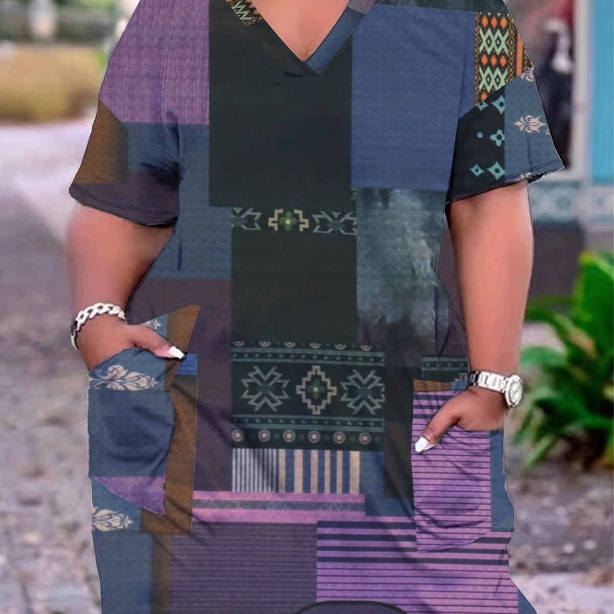  Colorblock V Neck Short Sleeve Dress With Pockets